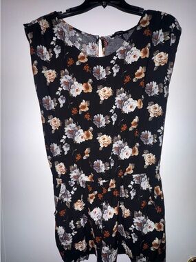 Forever 21 Black Floral Romper with White and Tan Accents and Pockets